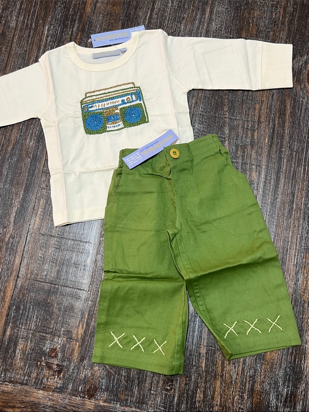 Kids Cream Long-Sleeve Top with Green Boombox Embroidery